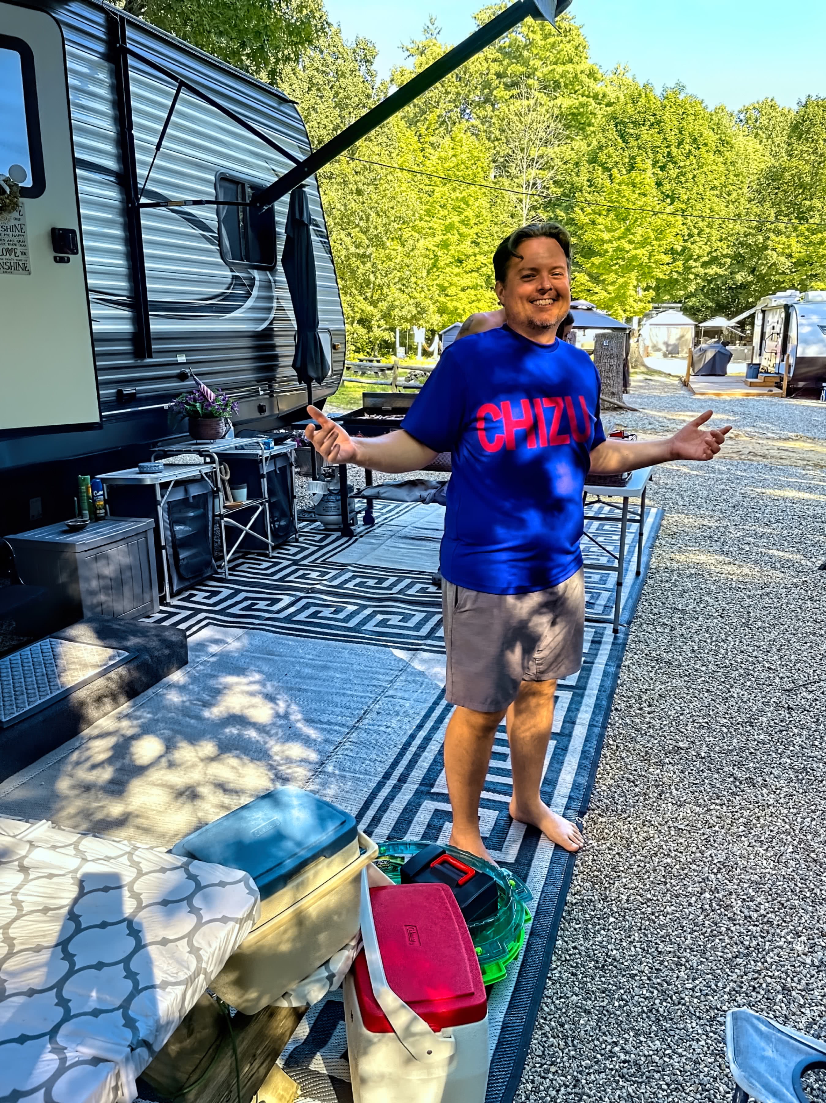 Neil enjoying nature at a camper while wearing his Chizu shirt in Wales, MA, US