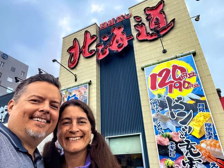 Selfie of Maria & Neil outside Hokkaido Sushi